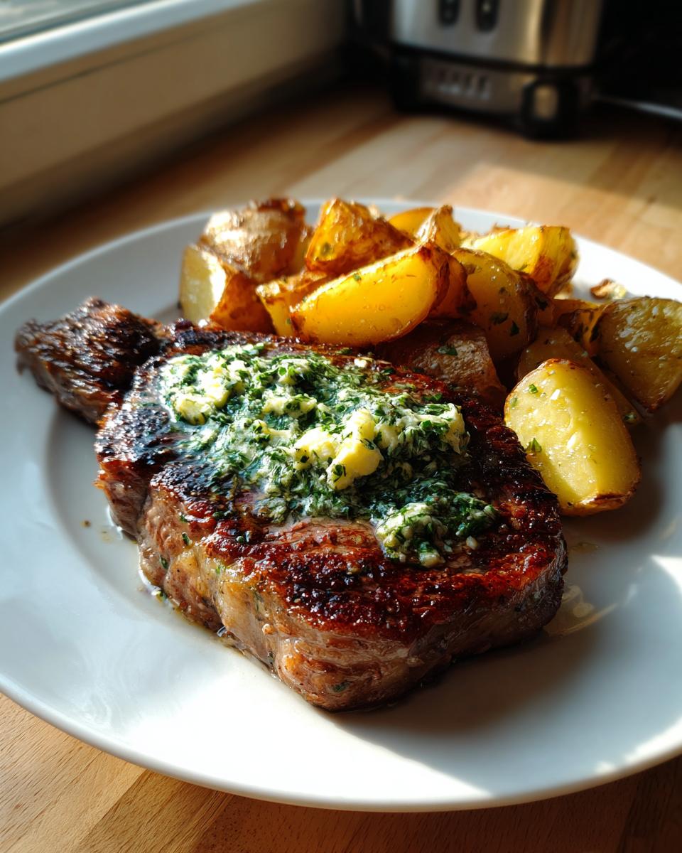 Ein saftiges Steak mit Kräuterbutter und goldbraunen Ofenkartoffeln auf einem weißen Teller.