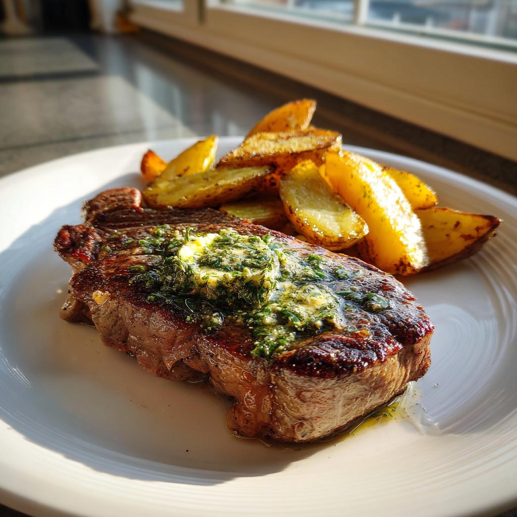 Saftiges Steak mit Kräuterbutter und knusprigen Ofenkartoffeln auf einem weißen Teller.