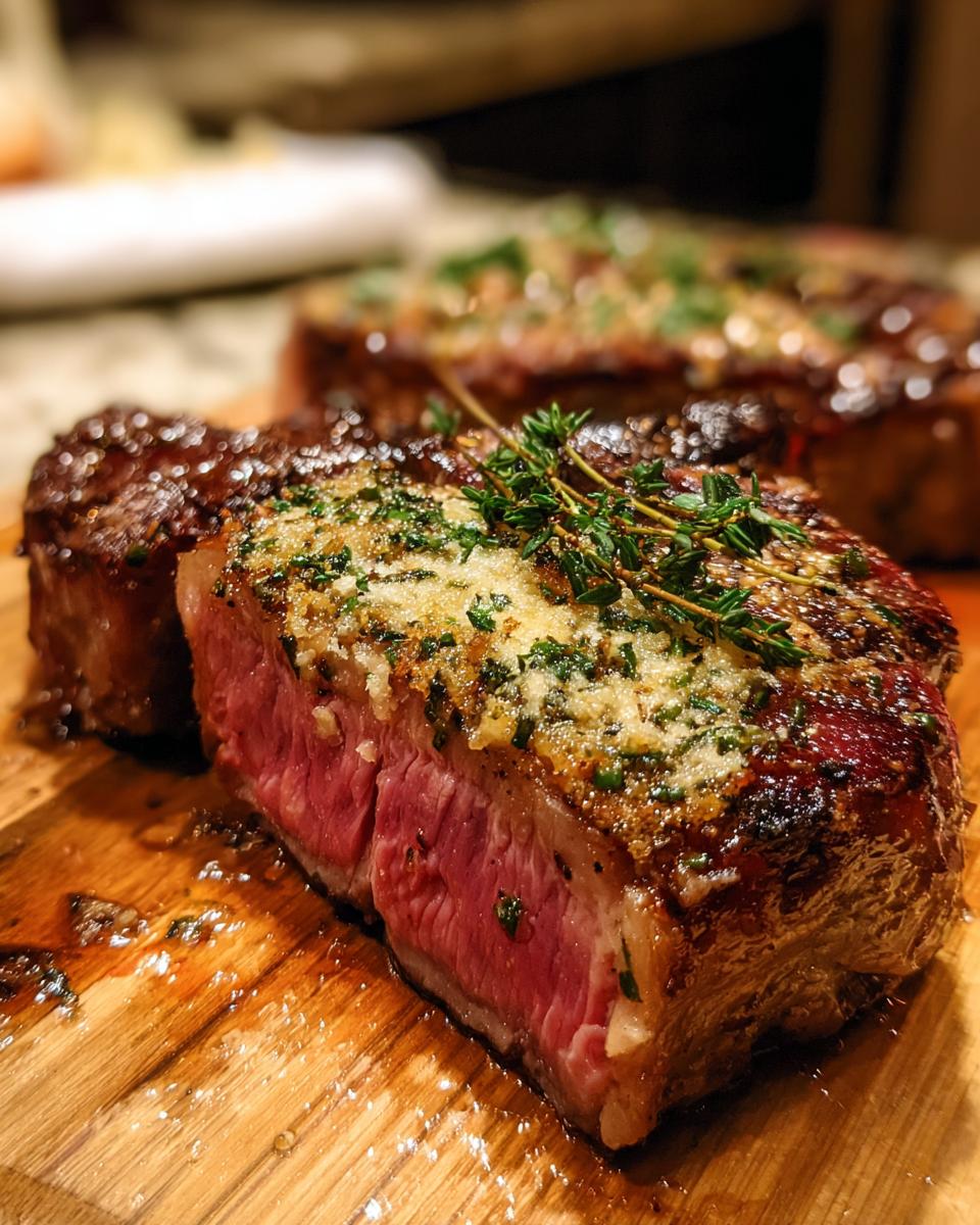 Nahaufnahme eines saftigen Steak mit Parmesan-Kruste, innen rosa und mit Thymian garniert.