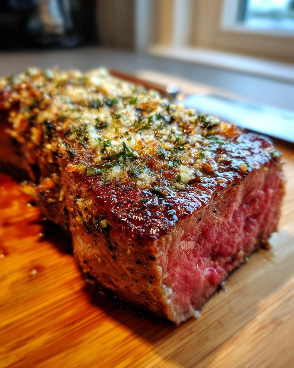 Nahaufnahme eines saftigen Steak mit Parmesan-Kruste, innen perfekt rosa gegart.