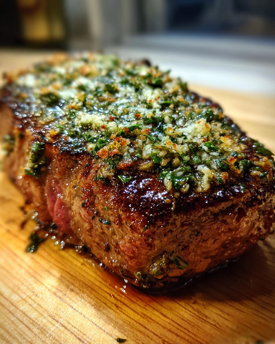 Saftiges Steak mit Parmesan-Kruste, Kräutern und Gewürzen, ruhend auf einem Holzbrett.