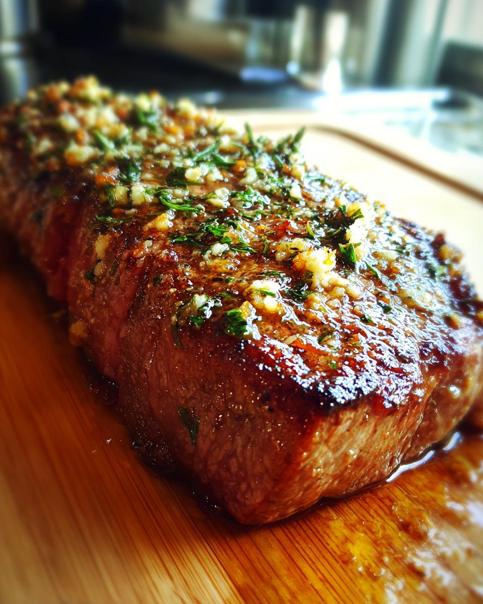 Nahaufnahme eines saftigen Steaks mit einer glänzenden Kräuter-Knoblauch-Kruste, das auf einem Holzbrett ruht.