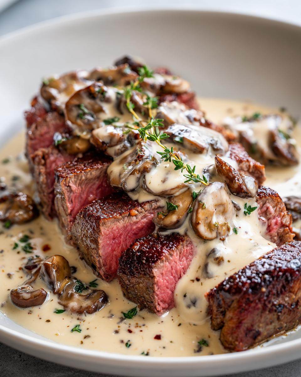 Aufgeschnittenes Steak mit Pilz-Sahne-Sauce, innen rosa und saftig, garniert mit Thymian.