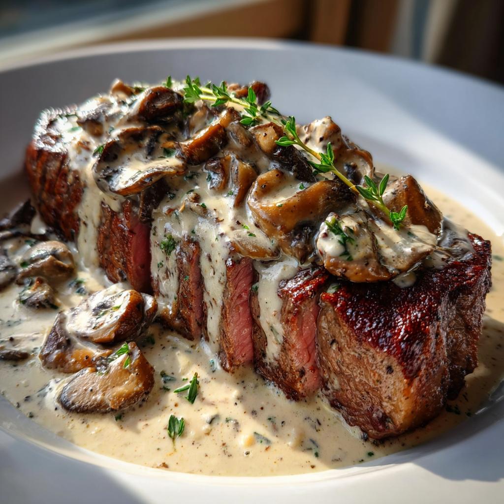 Saftiges Steak mit Pilz-Sahne-Sauce, aufgeschnitten und mit frischem Thymian garniert.