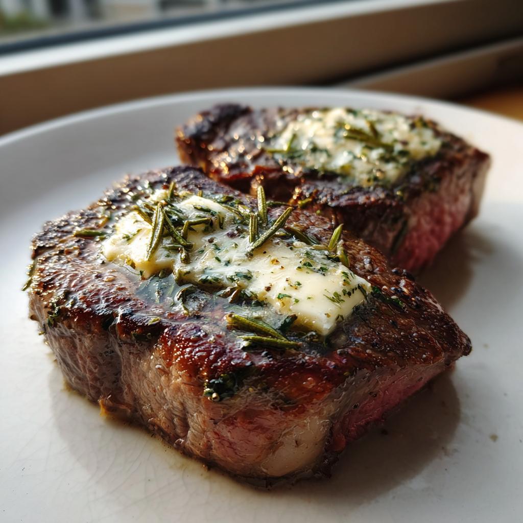 Zwei saftige Steaks mit schmelzender Rosmarin-Knoblauch-Butter auf einem weißen Teller.