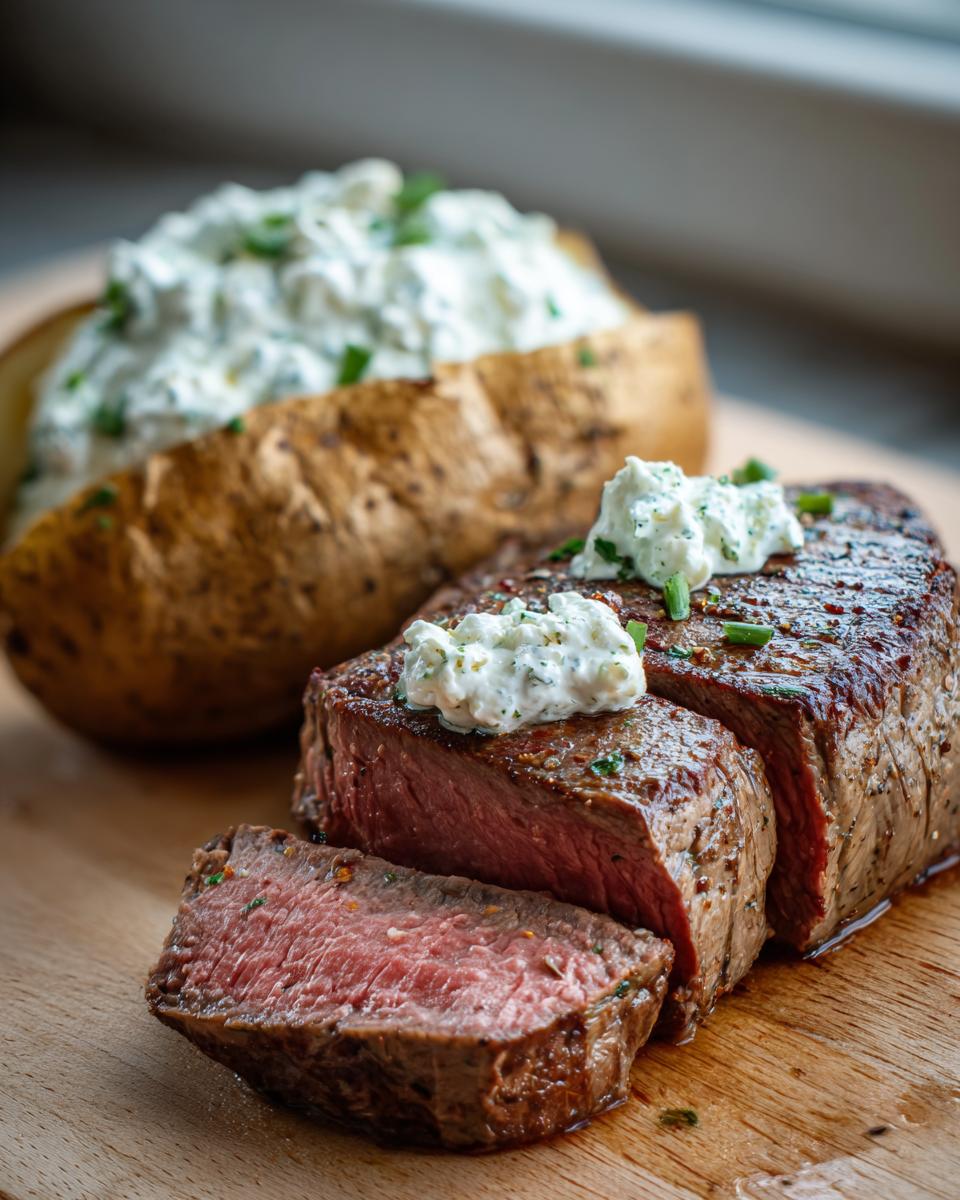 Aufgeschnittenes, saftiges Steak mit Tzatziki-Topping neben einer gefüllten Ofenkartoffel.