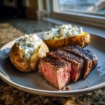 Aufgeschnittenes Steak mit rosa Kern, serviert mit zwei Ofenkartoffeln, gefüllt mit einer cremigen Tzatziki-Mischung.