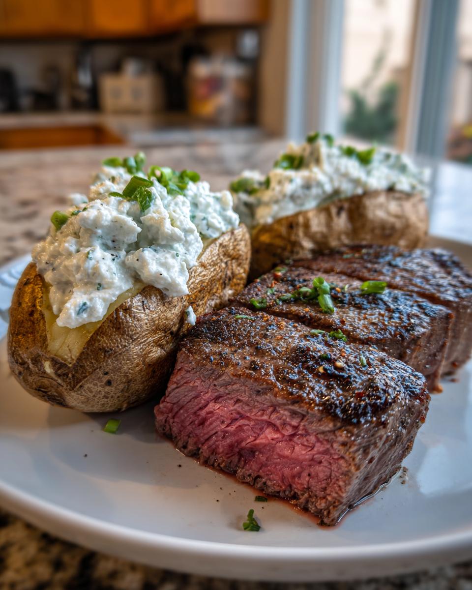 Aufgeschnittenes, saftiges Steak mit Ofenkartoffeln und cremiger Tzatziki-Füllung.