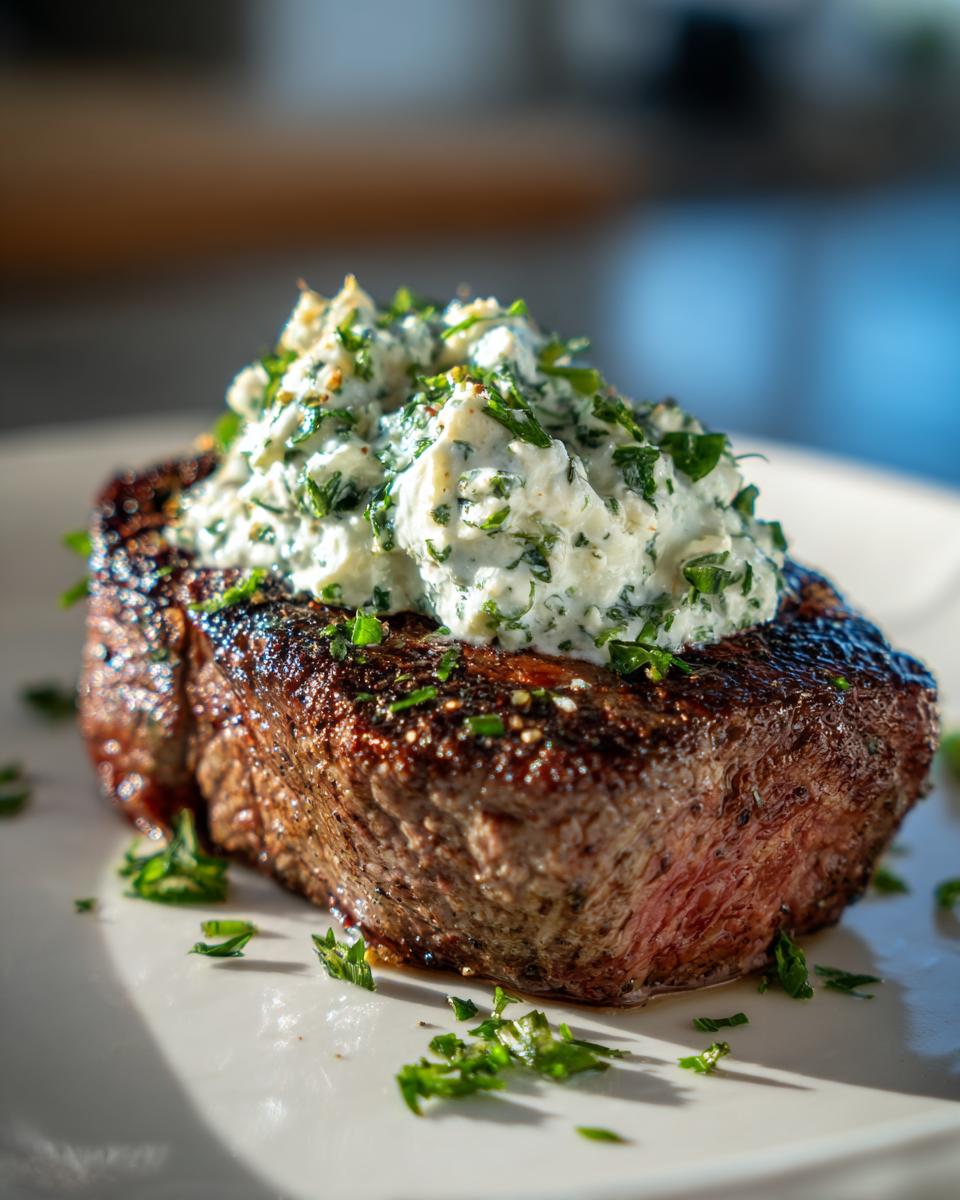 Saftiges Steak mit einer großzügigen Portion Zitronen-Knoblauch-Joghurt und frischer Petersilie.