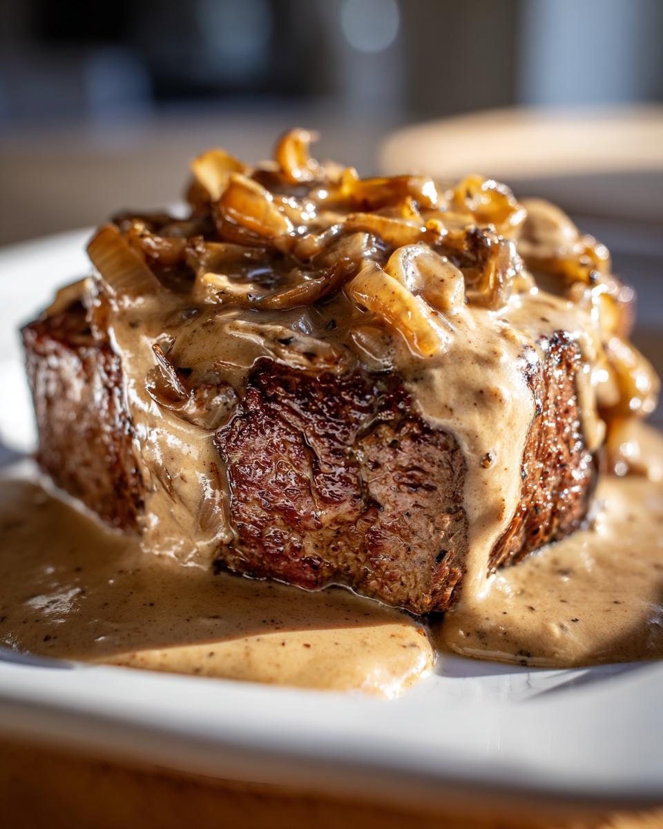 Saftiges Steak mit Zwiebelrahm und karamellisierten Zwiebeln auf einem weißen Teller.