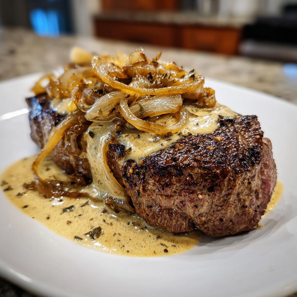 Saftiges Steak mit Zwiebelrahm und karamellisierten Zwiebeln, das Hauptgericht Steak mit Zwiebelrahm.