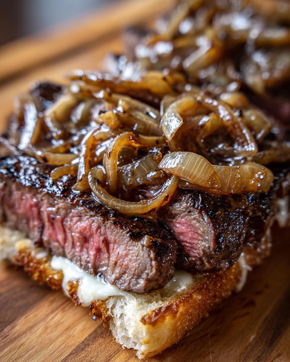 Nahaufnahme von saftigem Steak mit Zwiebelrahm auf einer Scheibe Brot mit geschmolzenem Käse – unser Steak mit Zwiebelrahm.