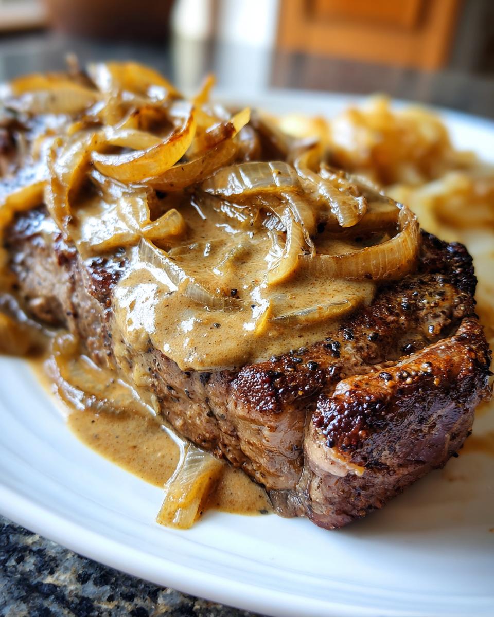 Nahaufnahme eines saftigen Steaks mit cremiger Zwiebelrahmsoße und karamellisierten Zwiebelringen.