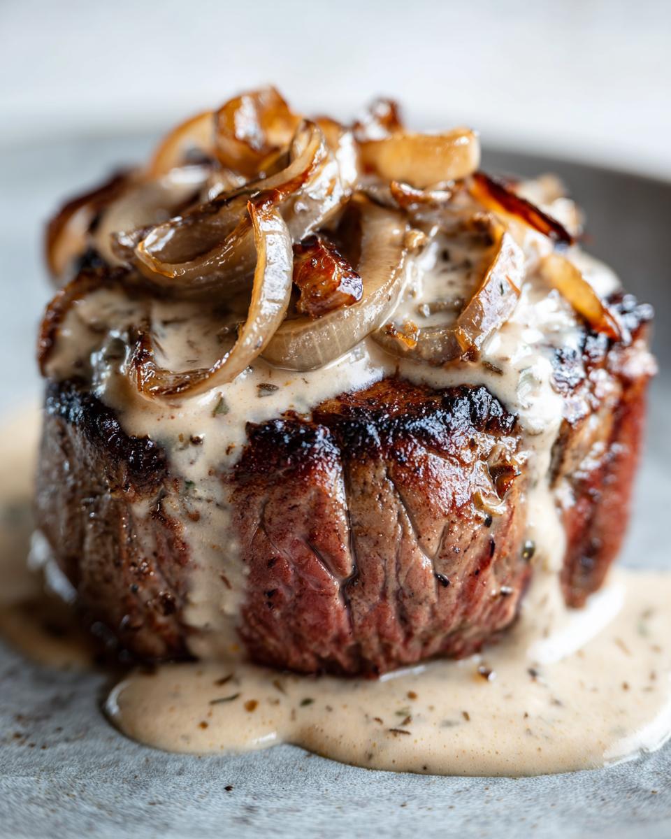 Nahaufnahme eines saftigen Steaks mit cremiger Zwiebelrahmsoße und karamellisierten Zwiebelringen.