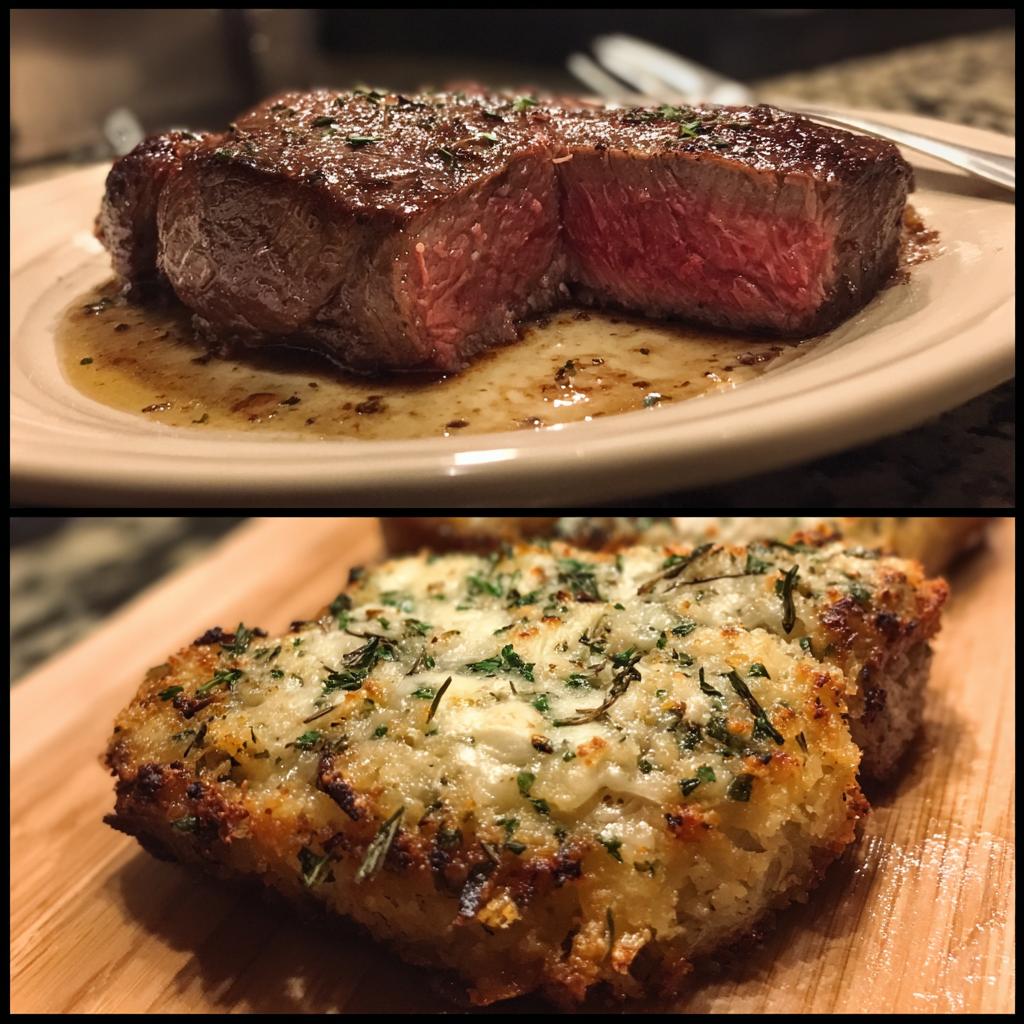 Zweiteiliges Bild: Oben ein saftiges Steak mit Parmesan-Kruste, unten eine knusprige Käse-Kräuter-Beilage.