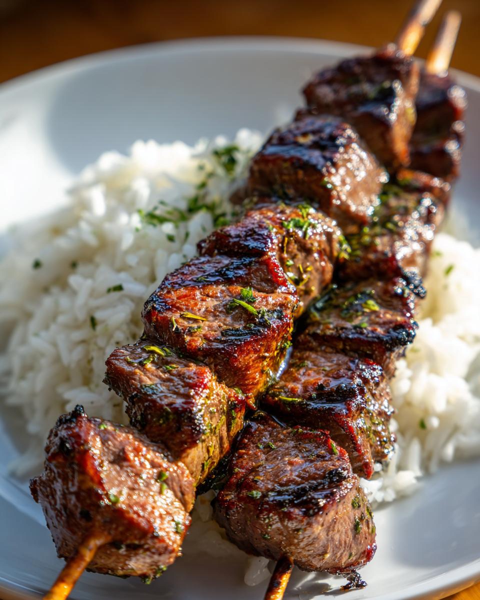 Nahaufnahme von saftigem Steak-Souvlaki mit Reis, schön gegrillt und mit Kräutern bestreut.