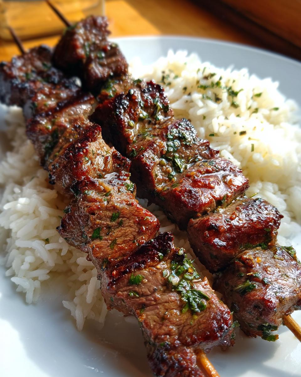 Zwei saftige Spieße mit gegrilltem Steak-Souvlaki auf einem Bett aus lockerem Reis.