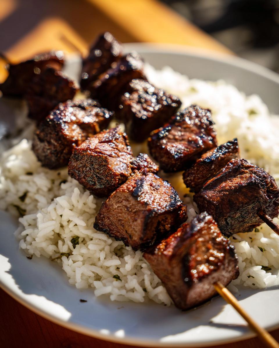 Nahaufnahme von saftigen, gegrillten Fleischstücken auf Spießen, serviert auf lockerem Reis – das beste Steak-Souvlaki mit Reis.
