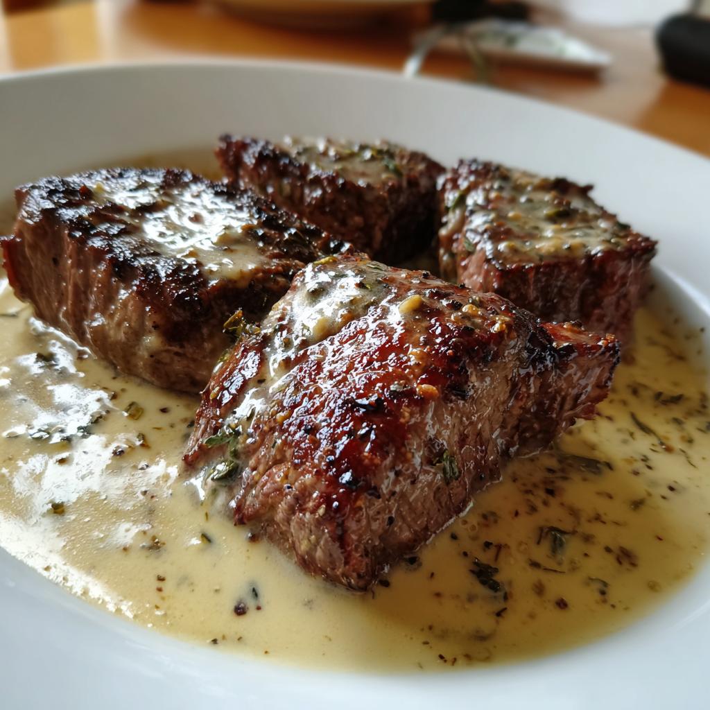 Vier perfekt gebratene Fleischstücke in einer cremigen Steakpfanne mit Knoblauchrahm auf einem weißen Teller.