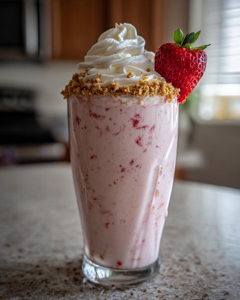 Nahaufnahme eines cremigen Strawberry-Cheesecake-Milchshake mit Keksbröseln, Schlagsahne und frischer Erdbeere.