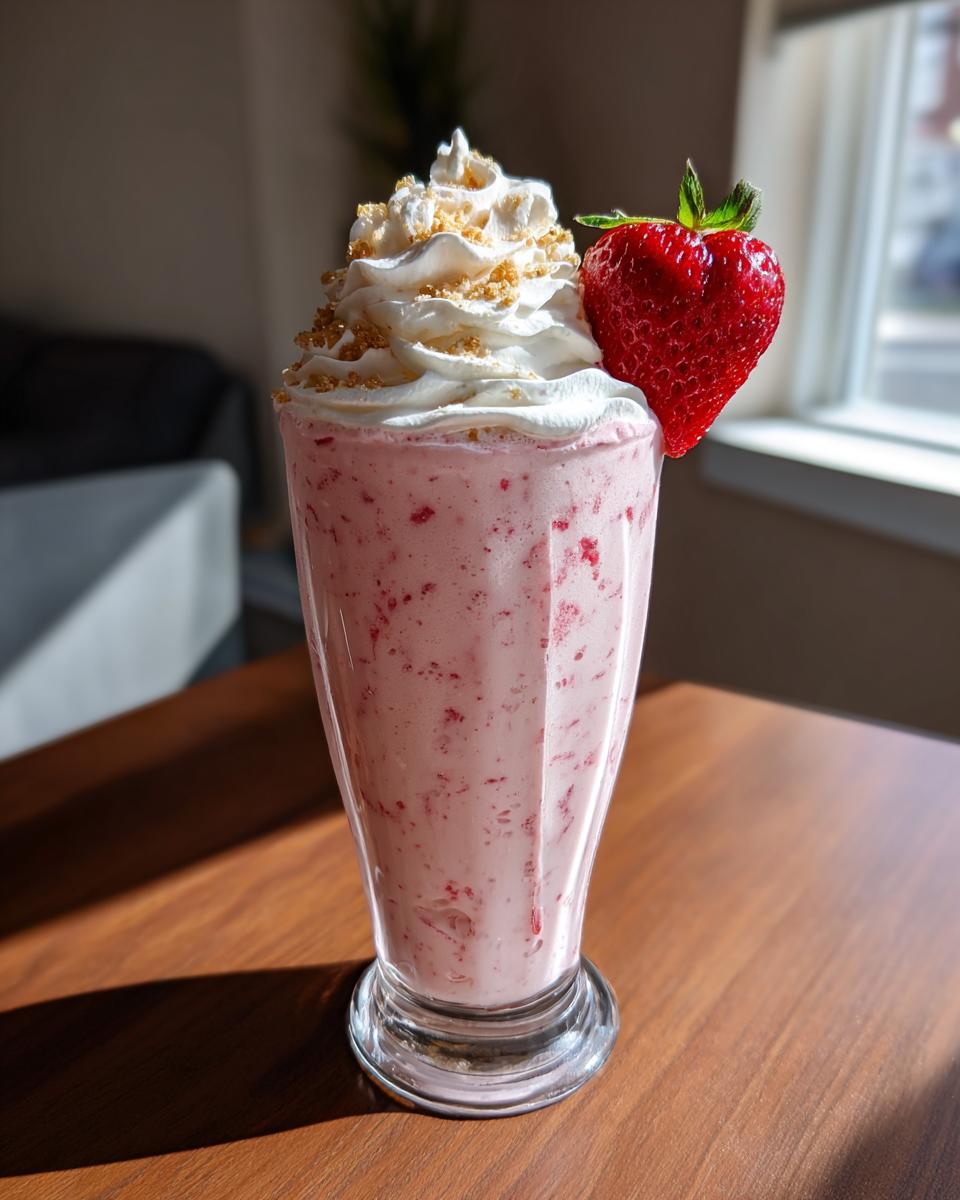 Ein hoher Glas gefüllt mit cremigem, rosa Strawberry-Cheesecake-Milchshake, gekrönt mit Schlagsahne und Streuseln.