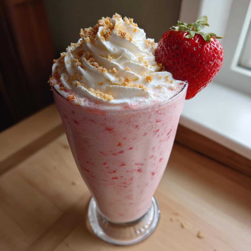 Ein cremiger Strawberry-Cheesecake-Milchshake im Glas, garniert mit Schlagsahne, Keksbröseln und einer frischen Erdbeere.