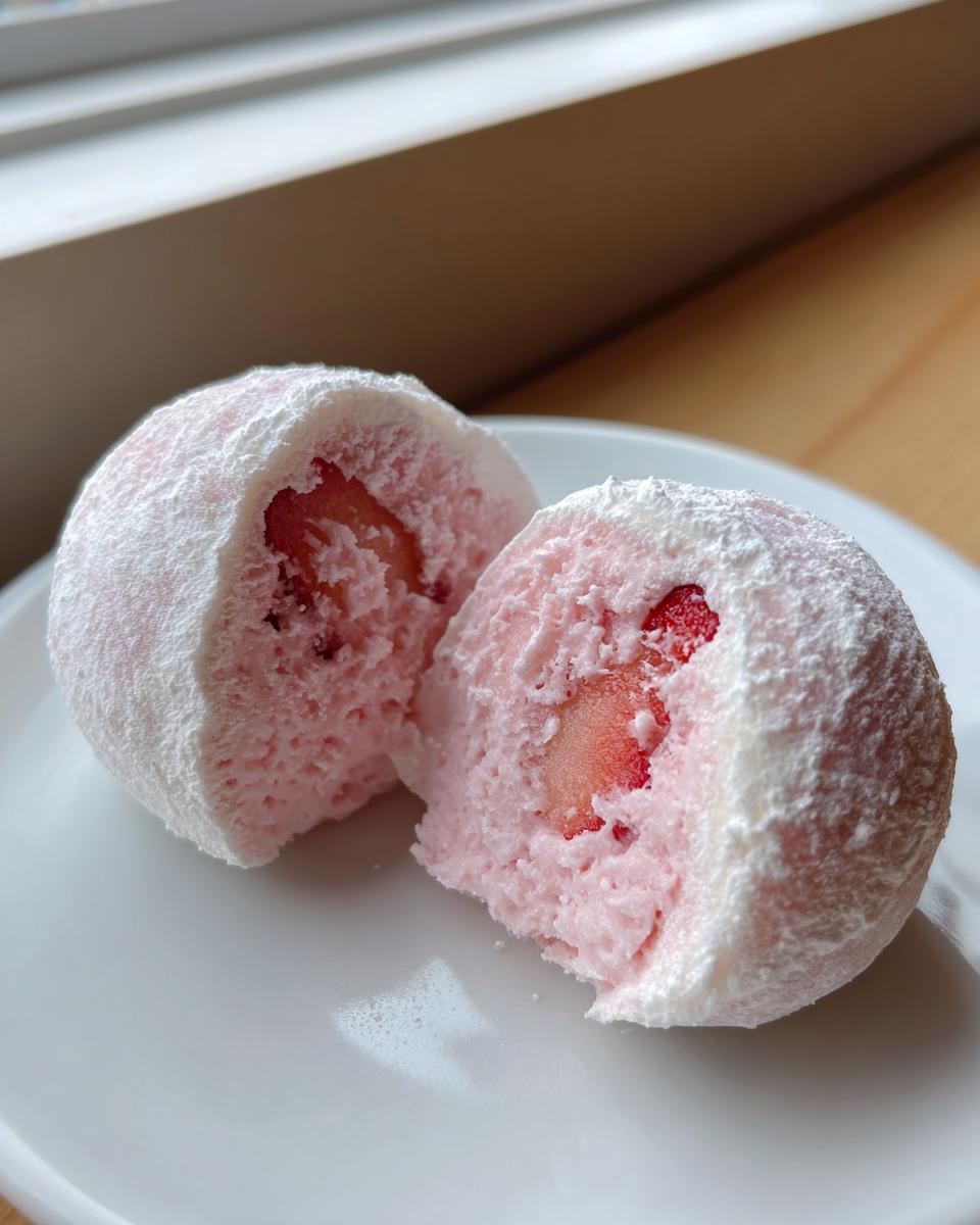 Nahaufnahme von einem halbierten Strawberry-Mochi-Eis, das innen rosa und mit einem Stück Erdbeere gefüllt ist.