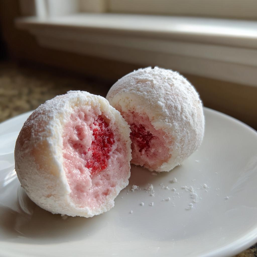 Zwei Strawberry-Mochi-Eis Kugeln auf einem Teller, eine davon aufgeschnitten, zeigt die cremige rosa Füllung und das rote Erdbeerherz.