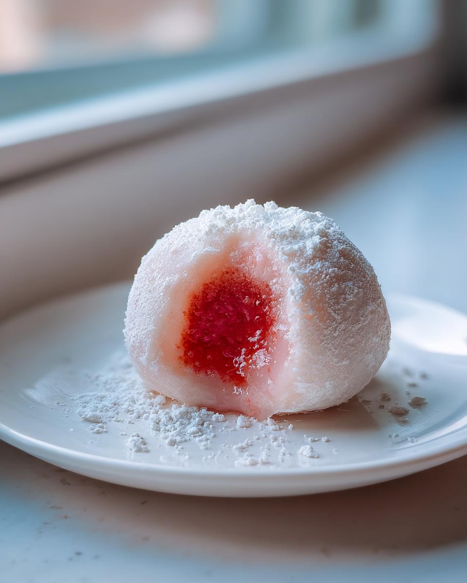 Nahaufnahme eines aufgeschnittenen Strawberry-Mochi-Eis, das innen leuchtend rot gefüllt ist und mit Puderzucker bestäubt wurde.