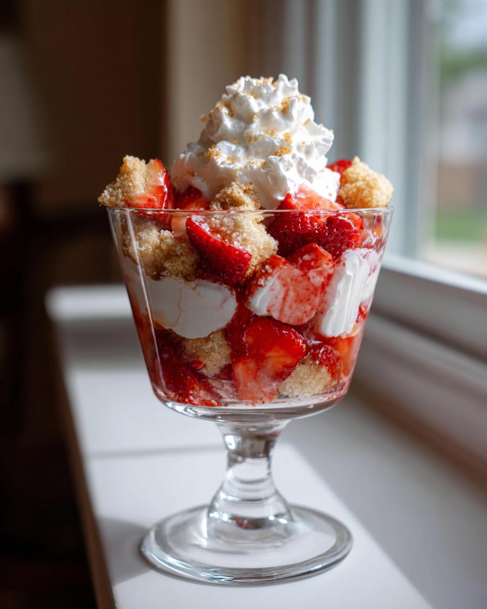 Ein einzelner Strawberry-Shortcake-Dessertbecher mit Sahnehaube und Erdbeeren im Glas, schön beleuchtet.