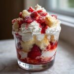 Nahaufnahme eines geschichteten Strawberry-Shortcake-Dessertbechers mit Biskuit, Sahne und frischen Erdbeeren.