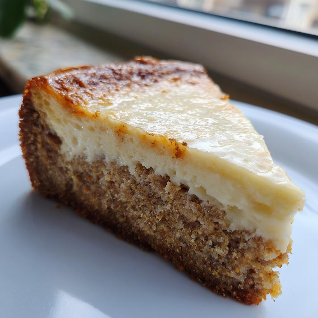 Nahaufnahme eines saftigen Stücks Bananenbrot-Cheesecake mit cremiger Käsekuchenschicht.