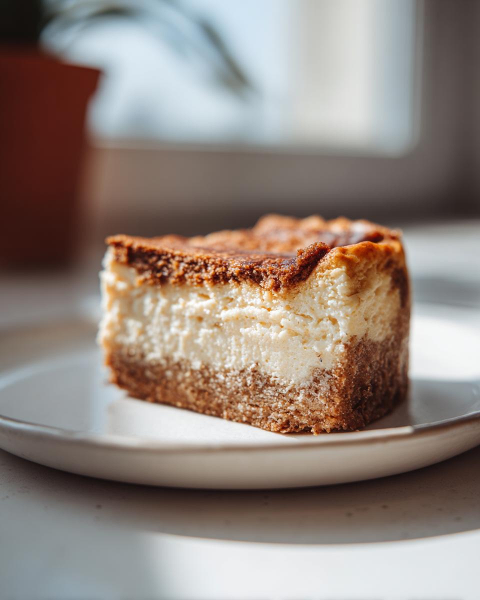 Ein cremiges Stück Bananenbrot-Cheesecake mit dunklem Boden auf einem hellen Teller.