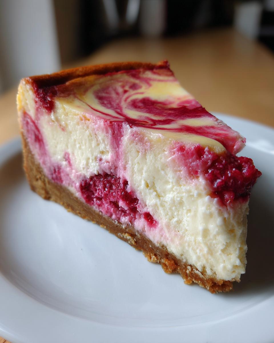 Ein cremiges Stück Vanille-Himbeer-Marmor-Cheesecake mit deutlichem Himbeer-Swirl auf einem weißen Teller.