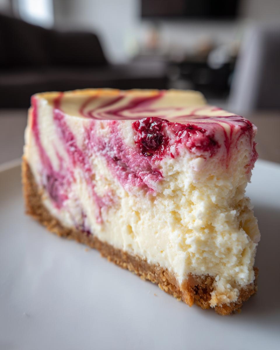 Nahaufnahme eines cremigen Stücks Vanille-Himbeer-Marmor-Cheesecake mit Himbeerswirbeln auf einem weißen Teller.