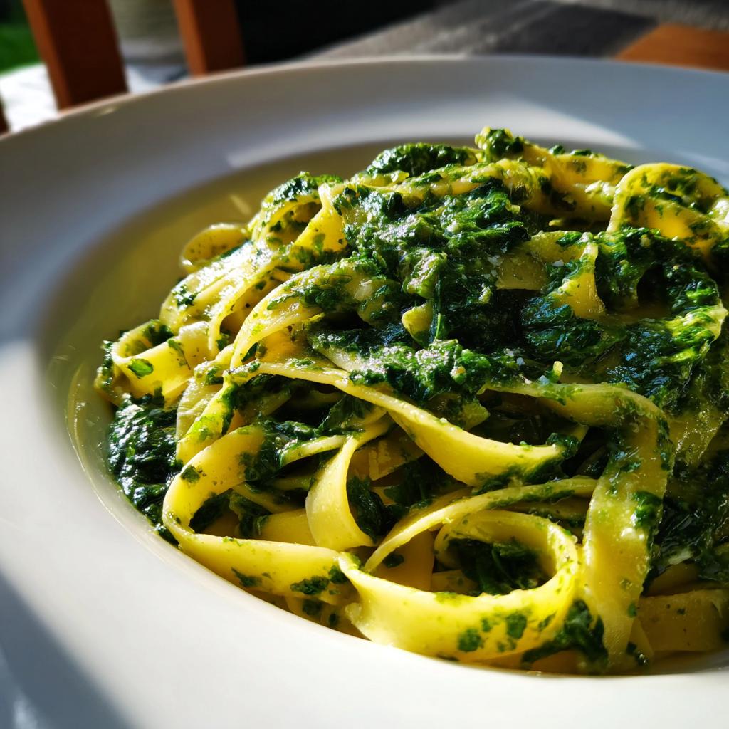 Nahaufnahme von cremigen Tagliatelle mit Rahmspinat in einer weißen Schüssel, appetitlich angerichtet.