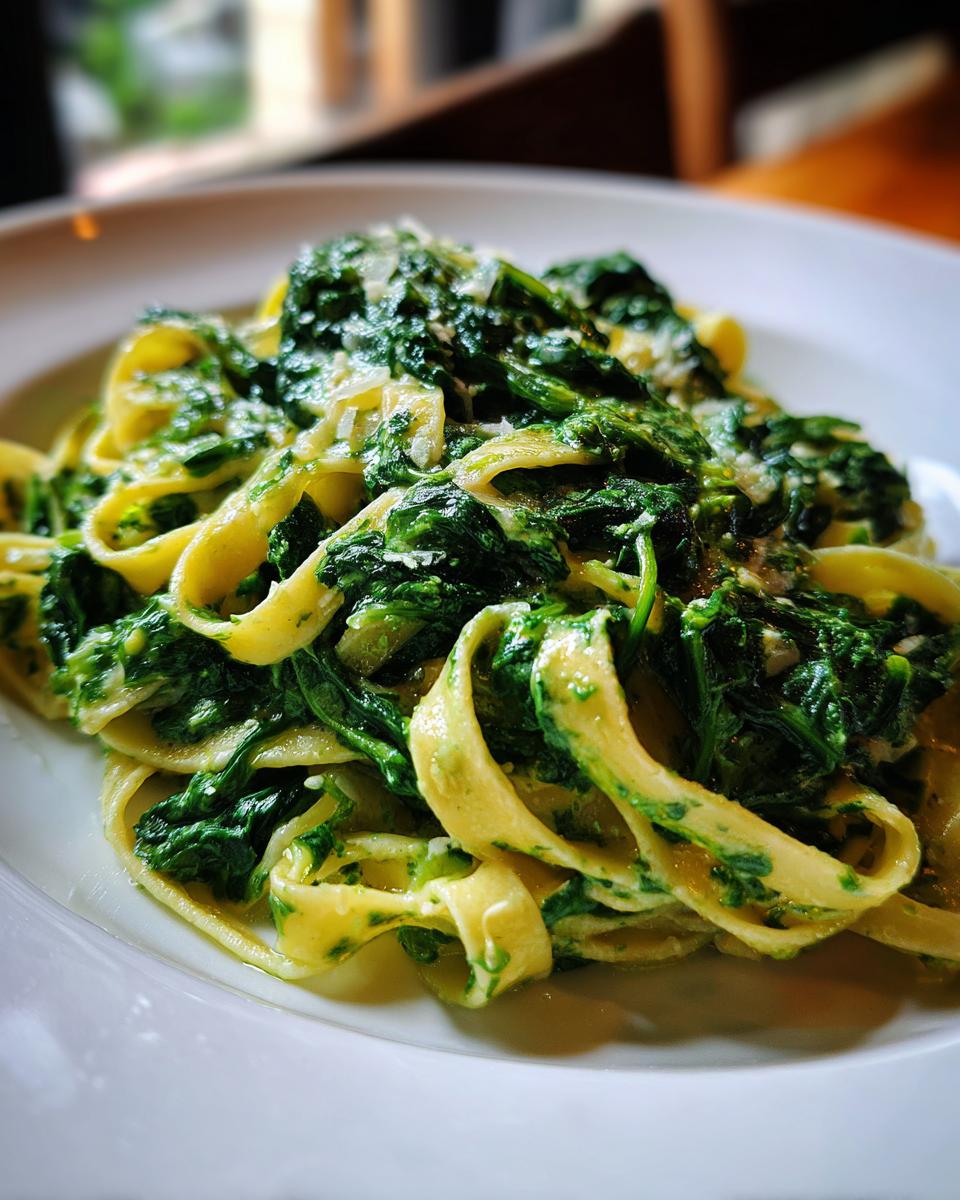 Nahaufnahme von cremigen Tagliatelle mit Rahmspinat, bestreut mit Parmesan.