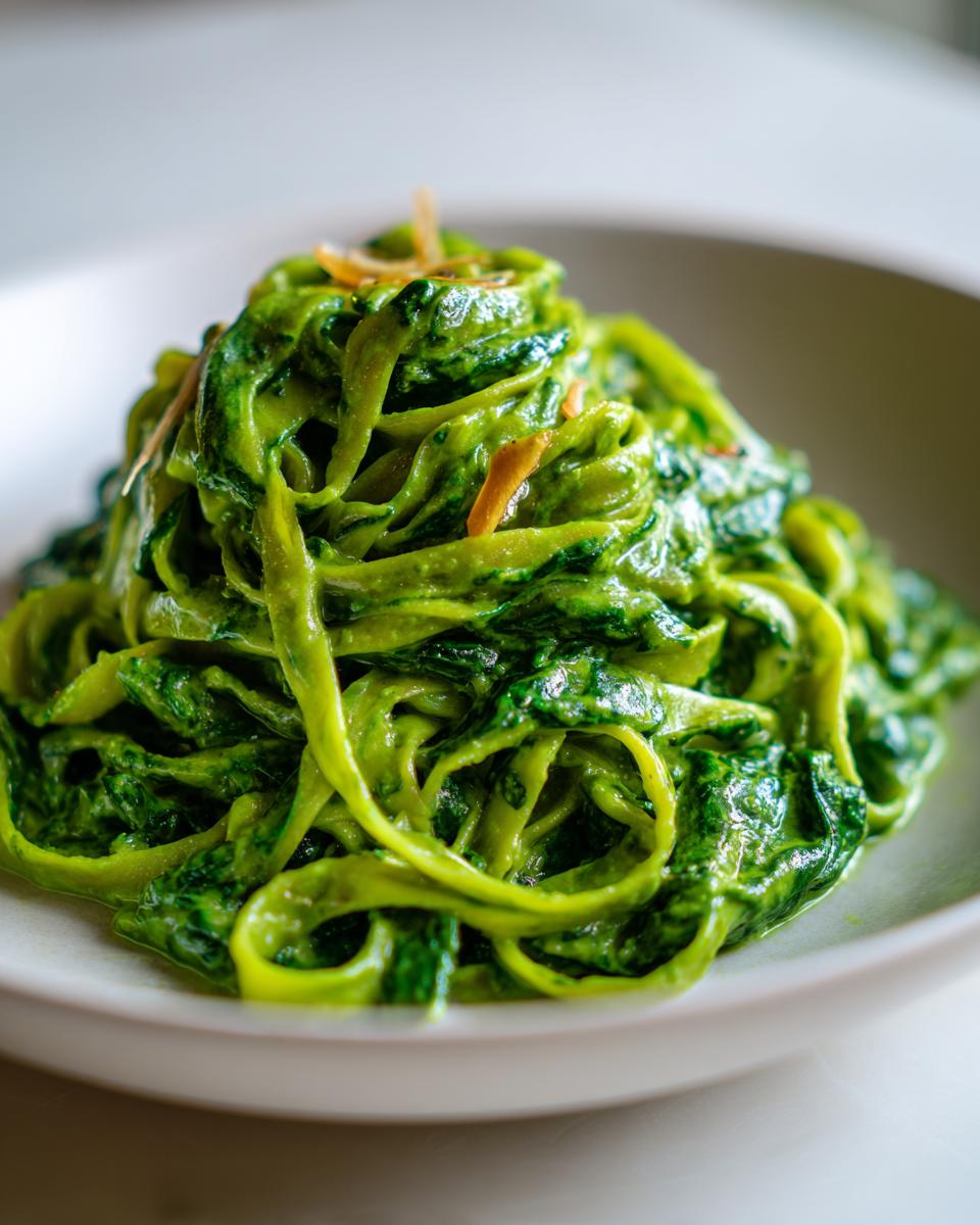 Ein Teller mit cremigen Tagliatelle mit Rahmspinat und Knoblauch, leuchtend grün und appetitlich angerichtet.