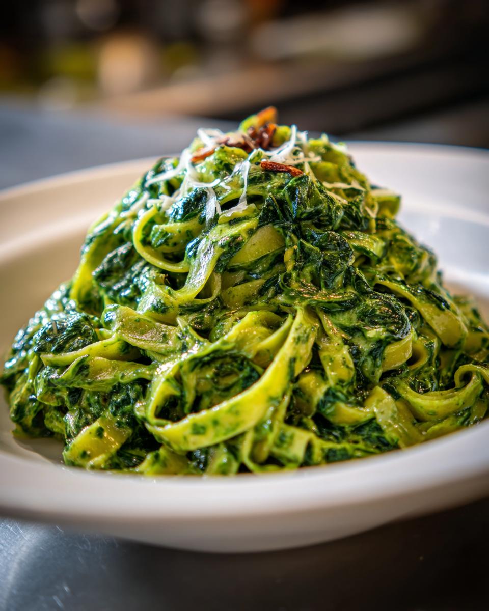 Nahaufnahme von cremigen Tagliatelle mit Rahmspinat und Knoblauch, garniert mit Parmesan.