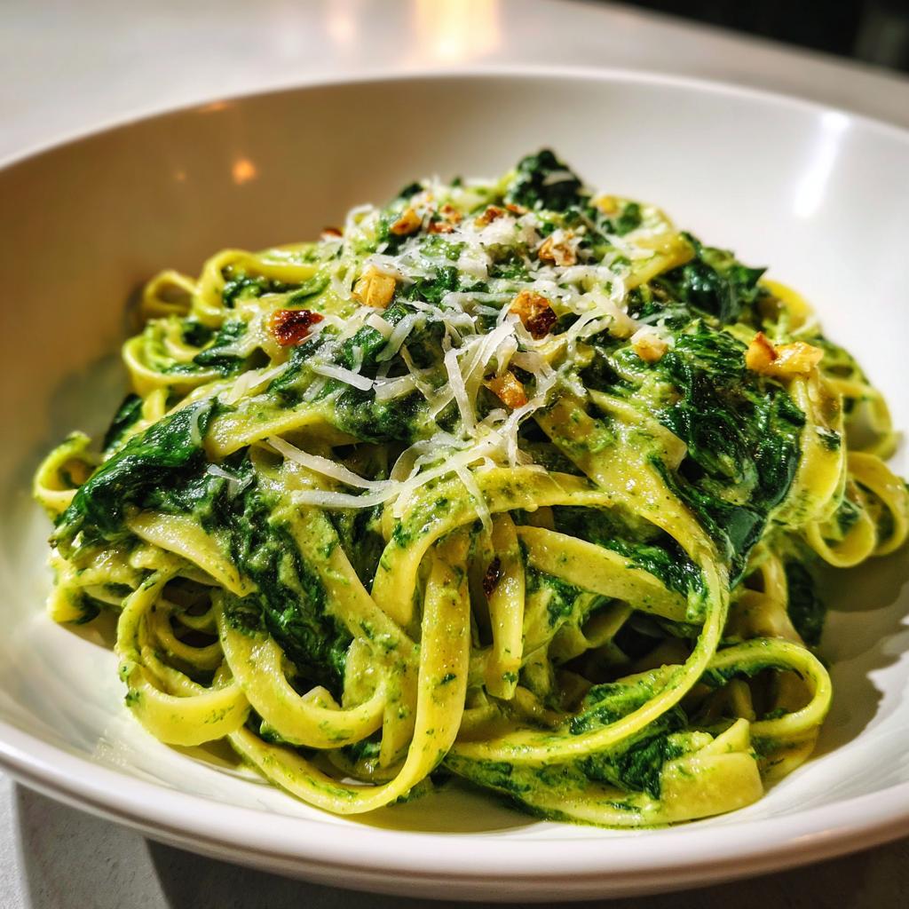 Nahaufnahme von cremigen Tagliatelle mit Rahmspinat und Knoblauch, bestreut mit geriebenem Parmesan.