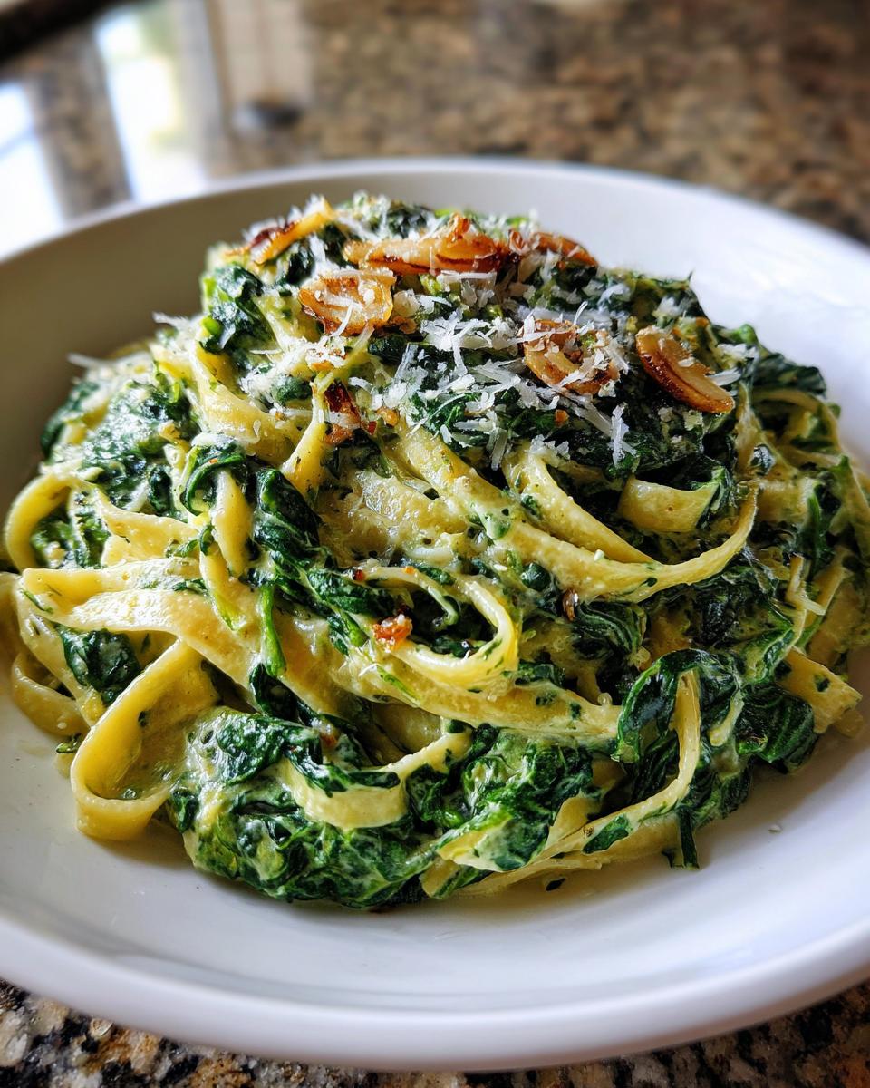 Nahaufnahme von Tagliatelle mit Rahmspinat und Knoblauch, garniert mit Parmesan.