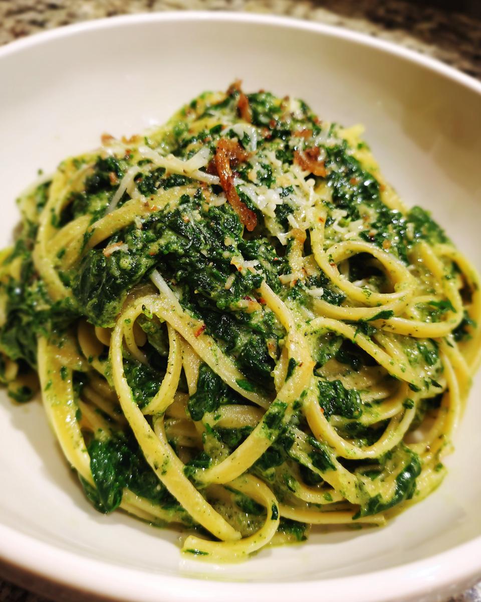 Nahaufnahme von Tagliatelle mit Rahmspinat und Knoblauch, garniert mit Parmesan.