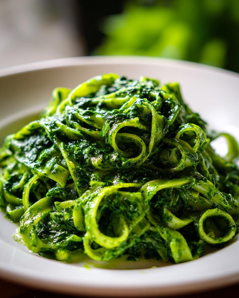 Nahaufnahme von cremigen Tagliatelle mit Rahmspinat, leuchtend grün und appetitlich angerichtet.
