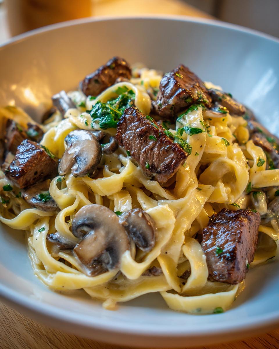 Cremige Tagliatelle mit saftigen Steakstreifen und gebratenen Pilzen in Pilzrahmsoße.