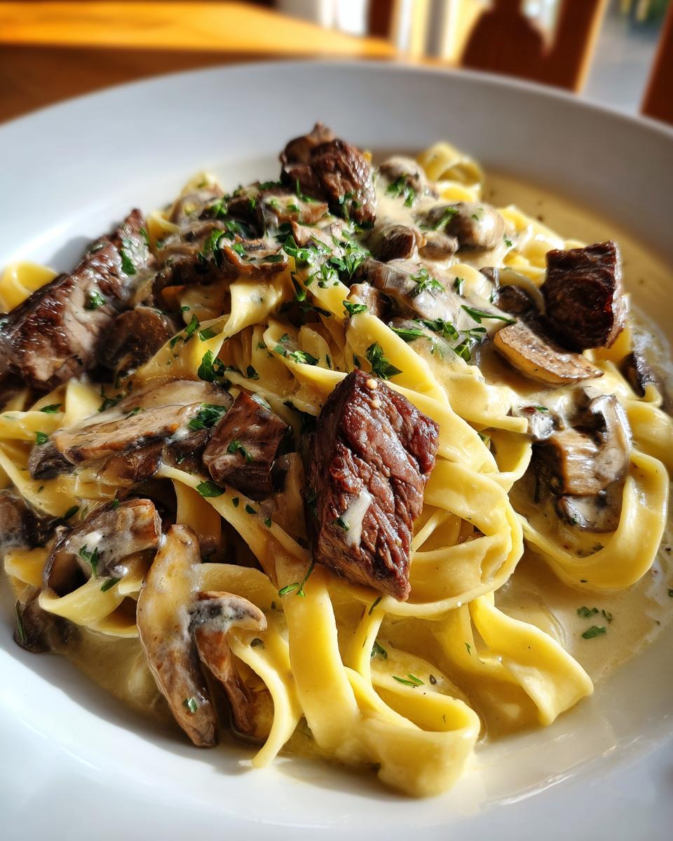 Teller mit cremigen Tagliatelle mit Steakstreifen und Pilzrahm, garniert mit Petersilie.