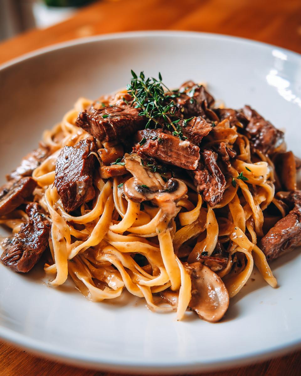 Teller mit Tagliatelle mit Steakstreifen und Pilzrahm, garniert mit frischen Kräutern.