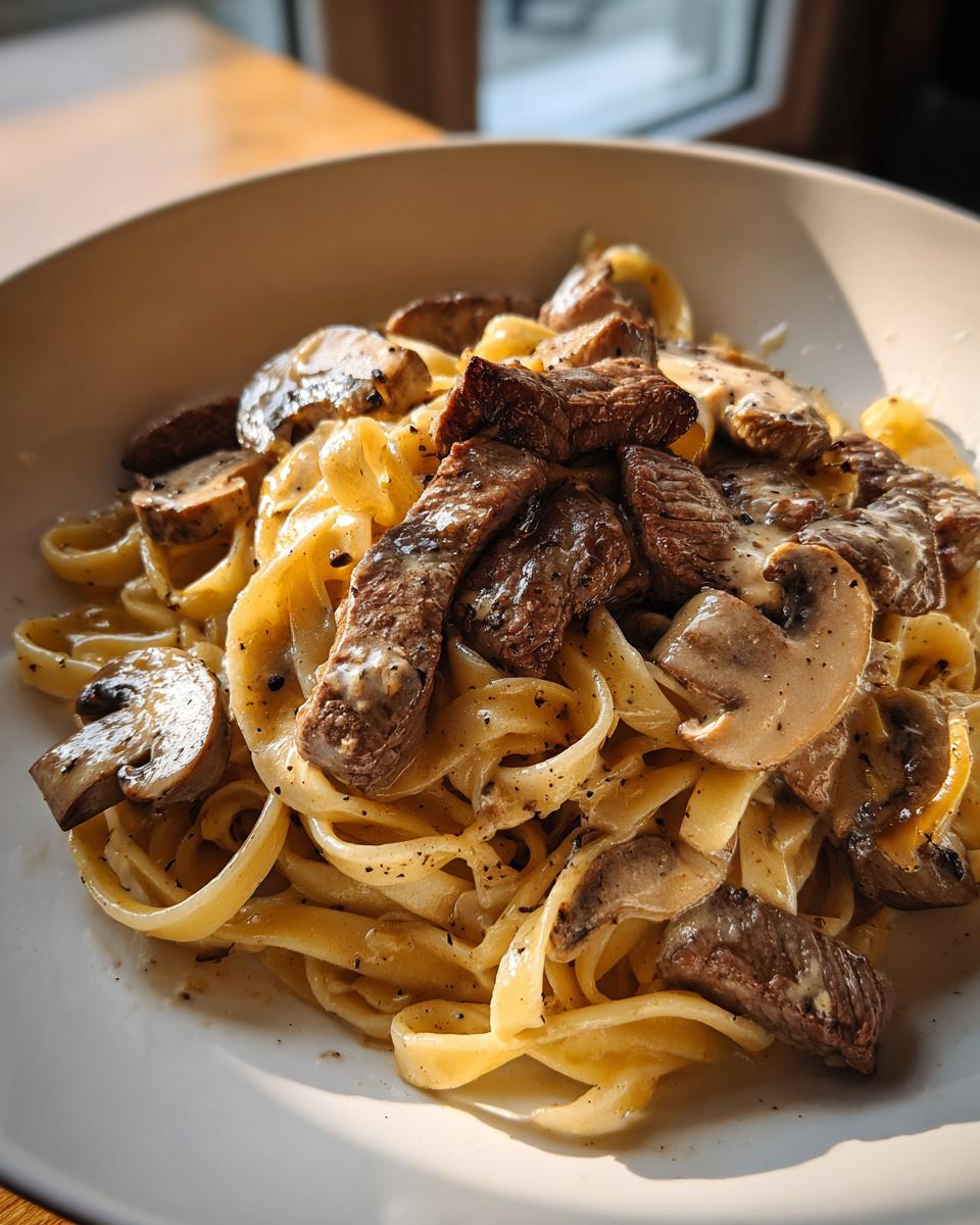 Teller mit cremigen Tagliatelle mit Steakstreifen und Pilzrahm, appetitlich angerichtet.