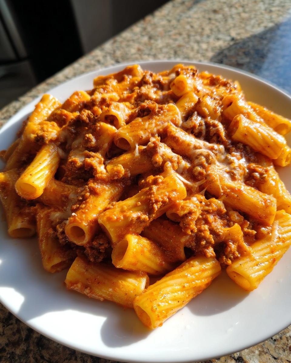 Ein Teller voll cremiger Rigatoni mit Hackfleisch-Käsesauce, appetitlich angerichtet und von der Sonne beleuchtet.