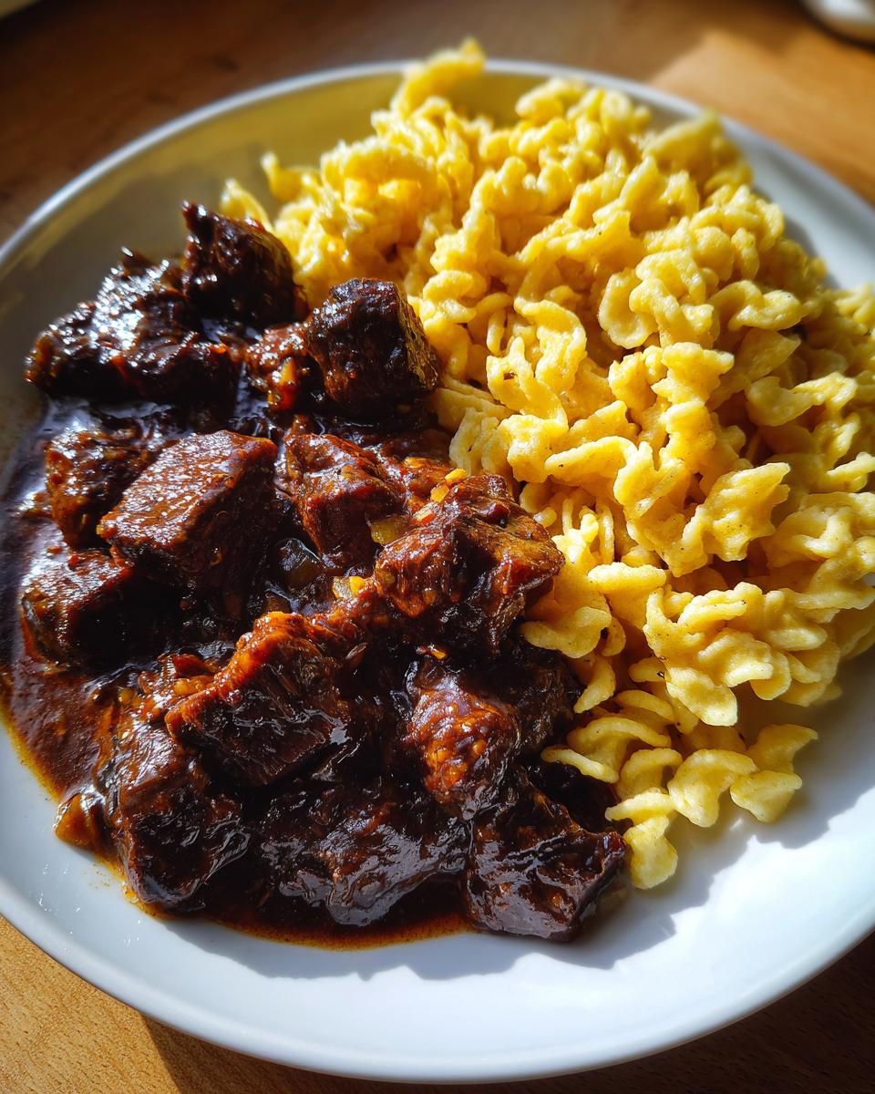 Ein Teller mit dunklem, saftigem Rindergulasch und einer Portion goldgelber Spätzle.