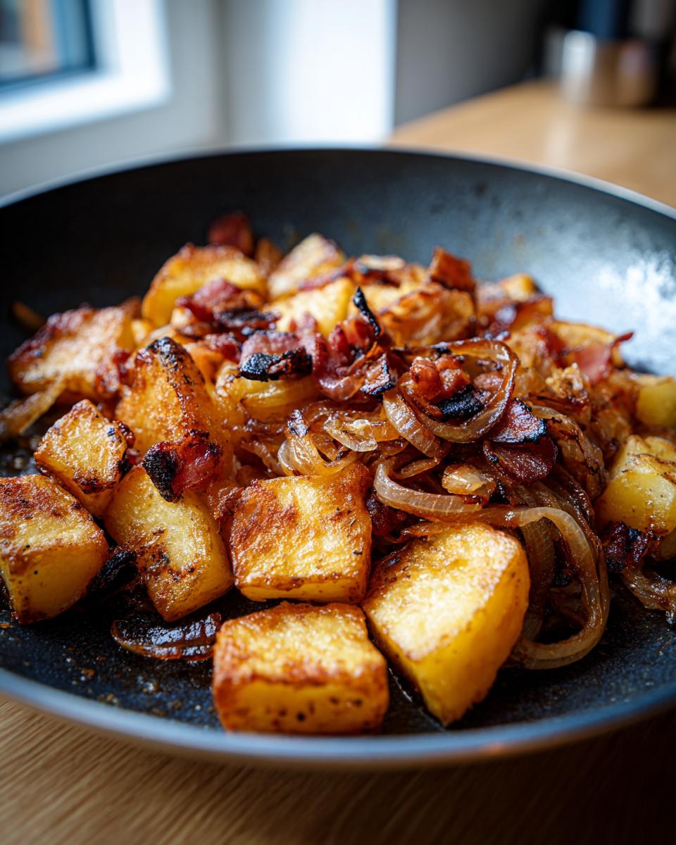 Nahaufnahme von goldbraun gebratenen Kartoffelwürfeln mit karamellisierten Zwiebeln und Speckstücken – das fertige Tiroler Gröstl.